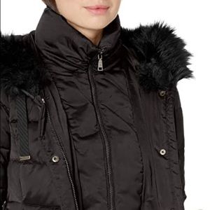 tahari faux fur trim hooded bib zip puffer jacket